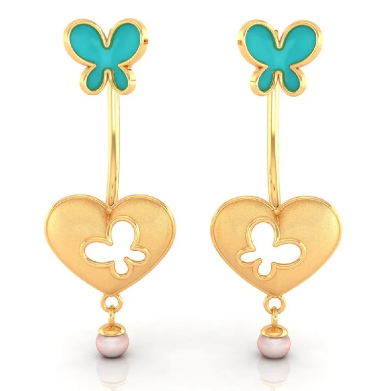 Women’s dangling gemstone earrings-22k Heart-shaped Dangler Gold Earrings With Butterflies And Pearl Drop