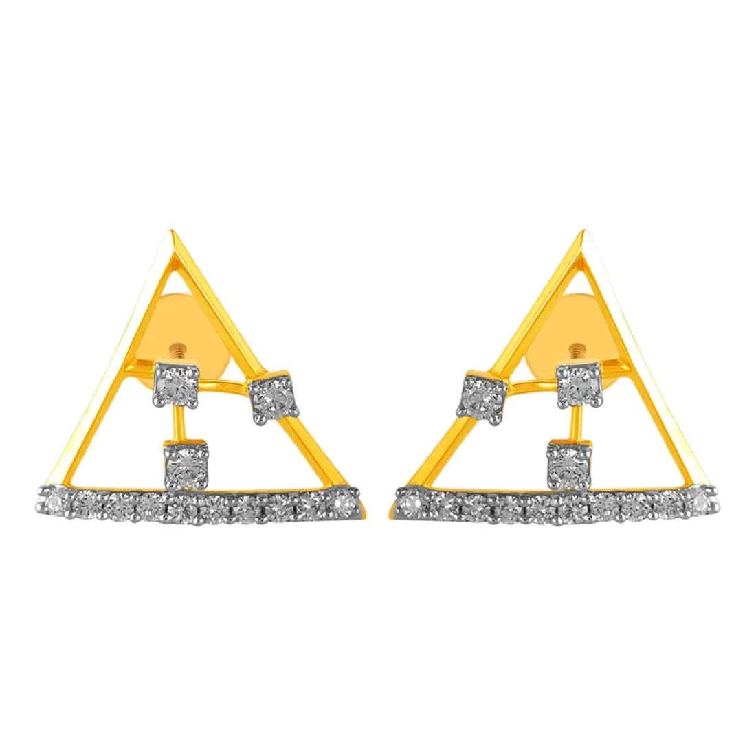 Women’s long drop earrings-14KT (585) Yellow Gold & Diamond Triangle Shaped Stud Earrings