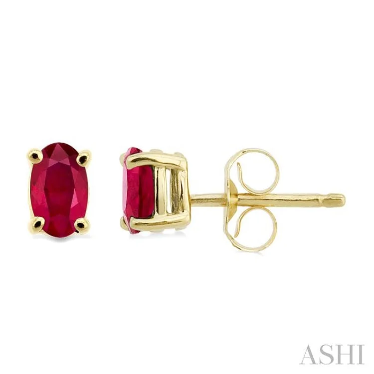 Women’s small stud earrings-5x3MM Oval Cut Ruby Stud Earrings in 14K Yellow Gold