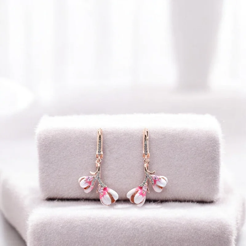 Women’s crystal earrings-Rosegold dual flower Drop earrings for women and girls