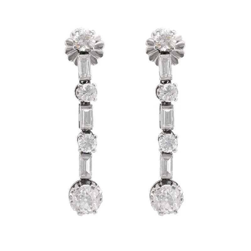 Women’s everyday hoop earrings-Mid-Century 4.2 Carat Total Weight Diamond Platinum Drop Earrings