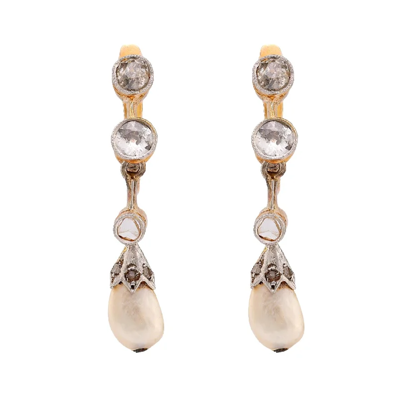 Women’s crystal earrings-Antique natural pearl old cut diamond 18k yellow gold drop earrings