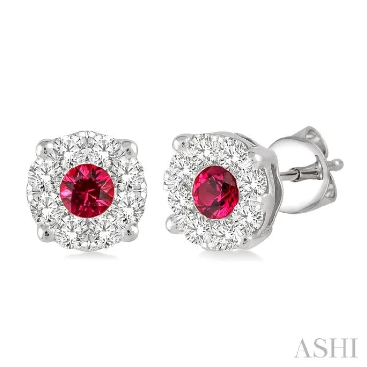 Women’s gold stud earrings-3.2 mm Round Cut Ruby and 1/2 Ctw Lovebright Diamond Earrings in 14K White Gold