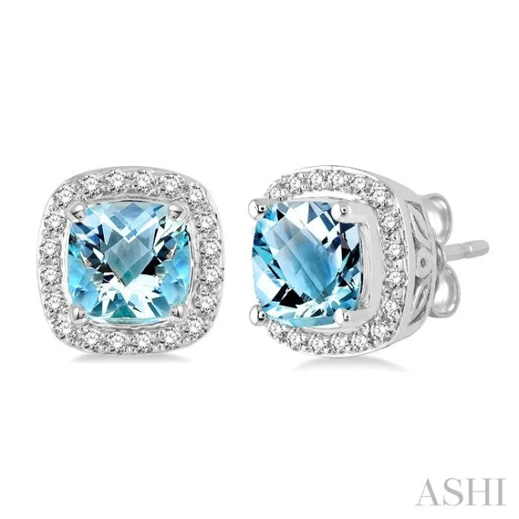 Women’s designer earrings-6x6 mm Cushion Cut Aquamarine and 1/4 Ctw Round Cut Diamond Earrings in 14K White Gold