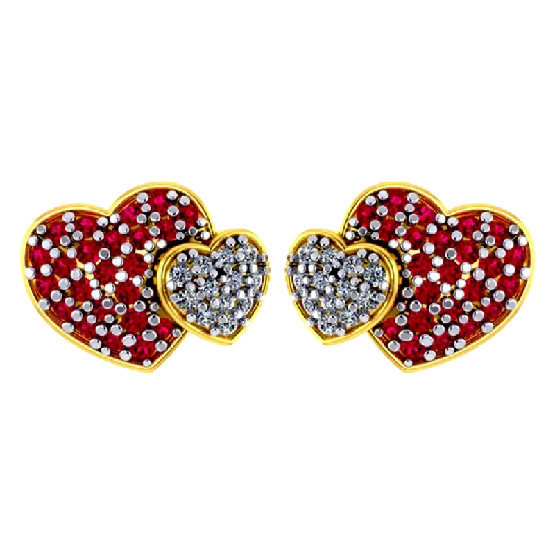 Women’s crystal earrings-Heart-shaped 14k Gold Earrings With American Diamond And Ruby Detailing