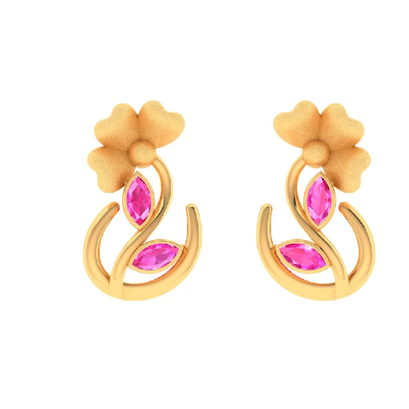 Women’s statement crystal earrings-14k Floral Gold Stud Earrings With Pink Leafy Stones