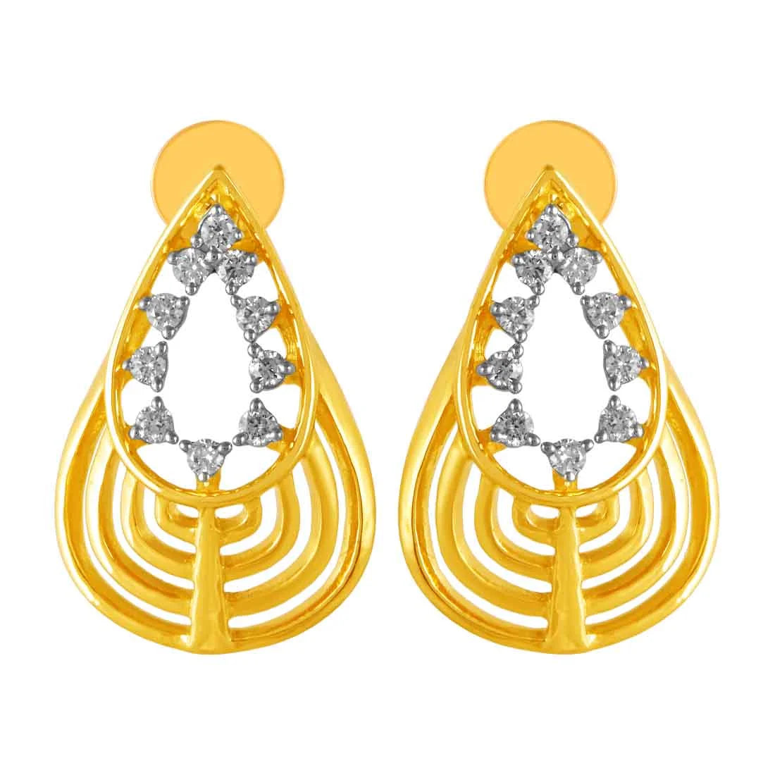 Women’s silver hoop earrings-14KT (585) Yellow Gold & Diamond  Drop Shape Earrings