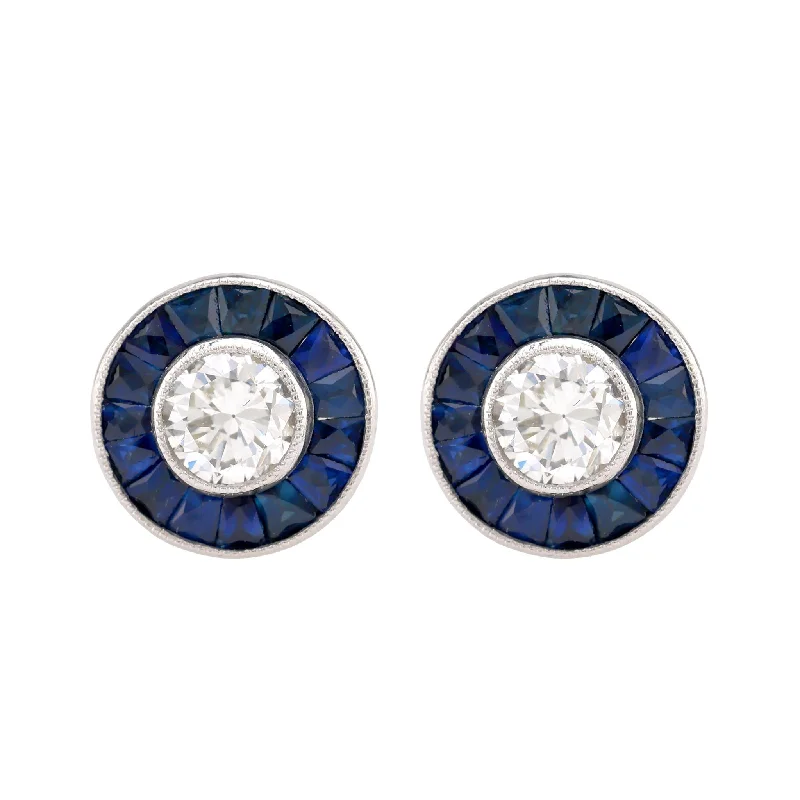 Women’s fashion statement earrings-Art Deco Inspired Diamond Sapphire Platinum Target Studs