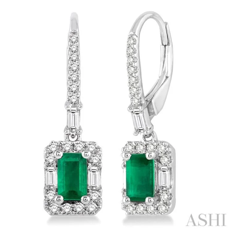 Women’s colorful gemstone earrings-5x3 MM Octagon Cut Emerald and 1/2 Ctw Round Cut Diamond Earrings in 14K White Gold