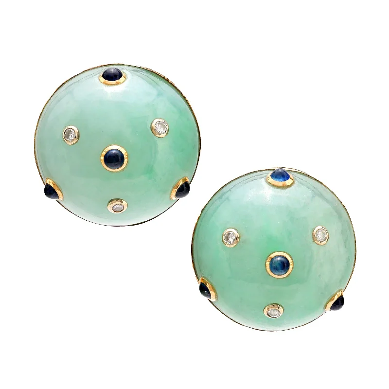 Women’s moonstone earrings-Trianon jadeite sapphire diamond 14k yellow gold clip on earrings