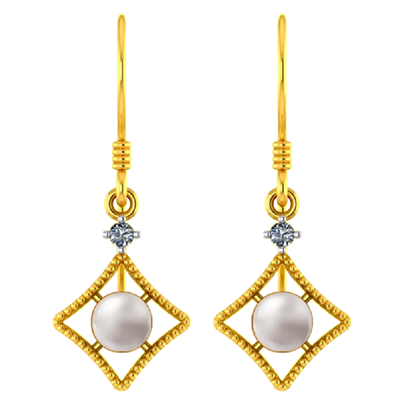 Women’s mixed stone earrings-14k Diamond Shaped Gold Earrings With A Pearl And Stone Detailing