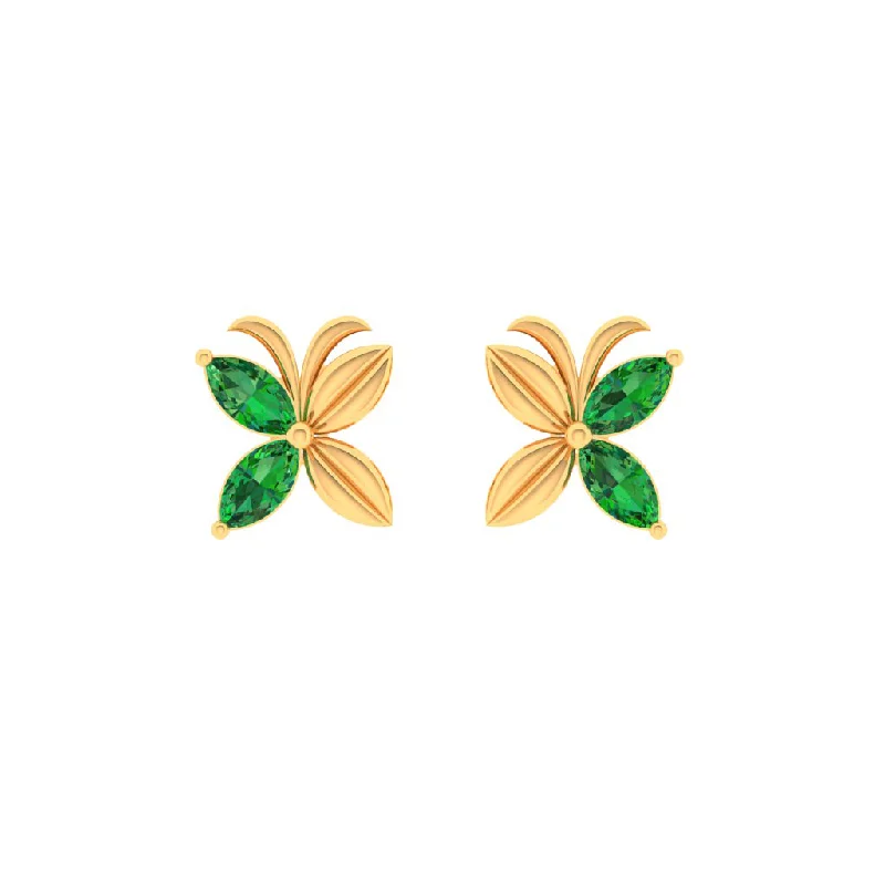 Women’s personalized gold earrings-14k Gold Stud Earrings In The Shape Of Floral Butterfly With Green Stones