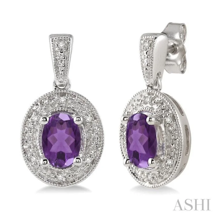 Women’s diamond drop earrings-7x5MM Oval Cut Amethyst and 1/20 Ctw Single Cut Diamond Earrings in Sterling Silver