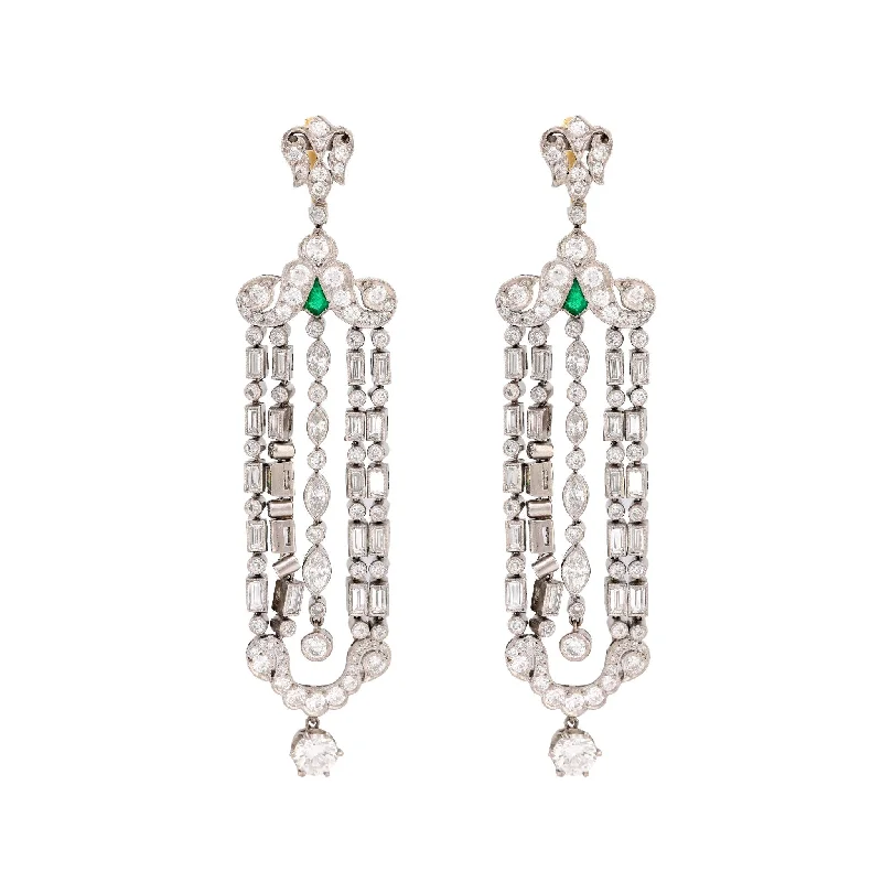 Women’s small hoop earrings-Art Deco inspired 9.2 carat diamond emerald platinum chandelier earrings