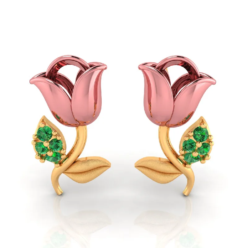 Women’s designer earrings-14k Pink Yellow And Green Stone Leaves Gold Earrings