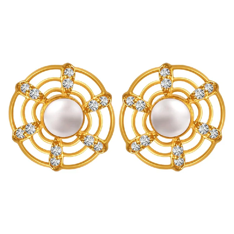 Women’s moon phase earrings-22k Gold Earrings With A Pearl In The Center Of Curved Concentric Circles And Stone Detailing