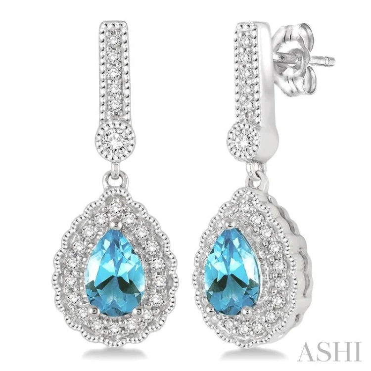 Women’s turquoise earrings-6x4 Pear Shape Aquamarine and 1/4 Ctw Round Cut Diamond Earrings in 14K White Gold