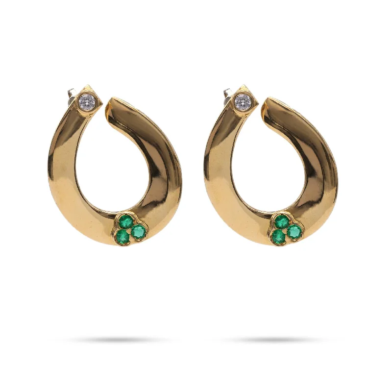 Women’s bold earrings-Diamond Emerald Yellow Gold Hoop Earrings