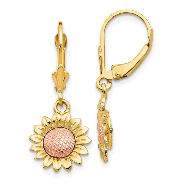 Women’s pearl stud earrings-14k Two-tone Polished Sunflower Dangle Leverback Earrings