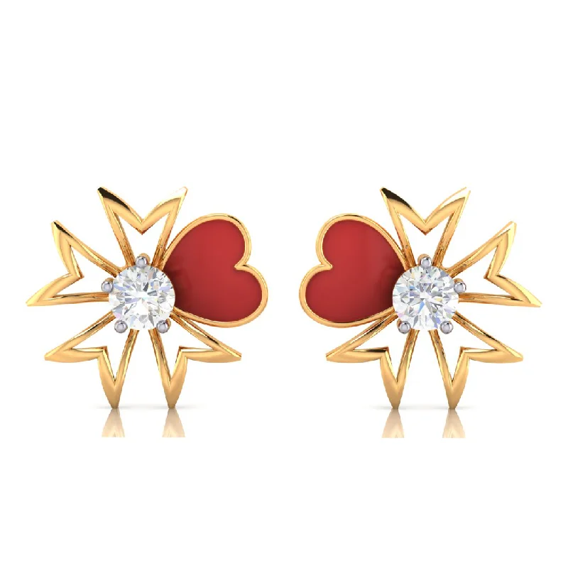 Women’s gemstone drop earrings-14k Red Heart Floral Design Gold Earrings With American Diamond