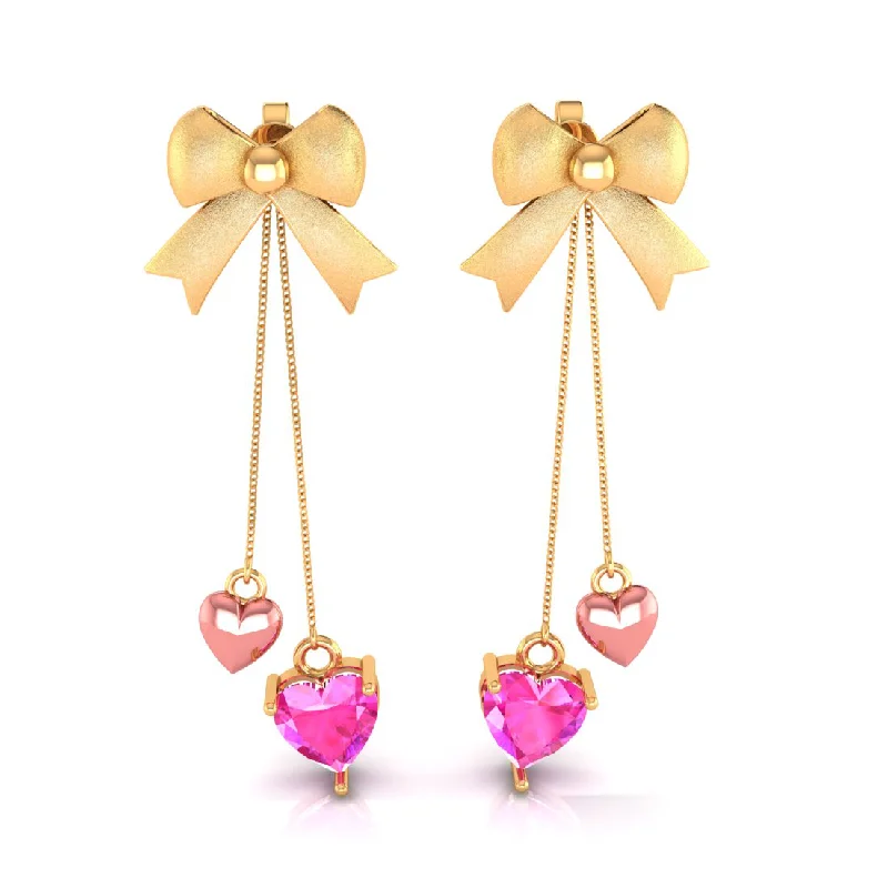 Women’s mixed stone earrings-14k Gold Ribbon Bow And Dangling Pink Hearts Earrings