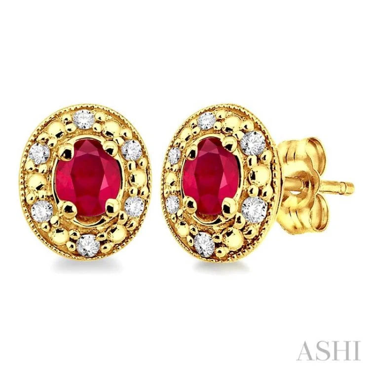 Women’s classic hoop earrings-4x3mm Oval Shaped Ruby and 1/10 Ctw Single Cut Diamond Earrings in 14K Yellow Gold