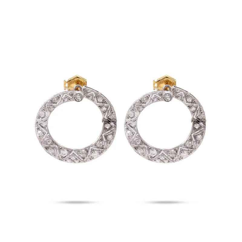 Women’s custom name earrings-Art Deco Diamond Platinum and 18K Yellow Gold Hoop Earrings