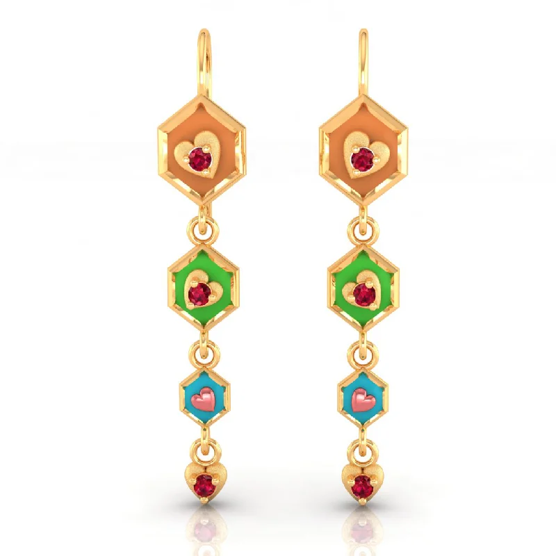 Women’s adjustable earrings-14k Gold Earrings With Hexagonal Shapes And A Heart Drop