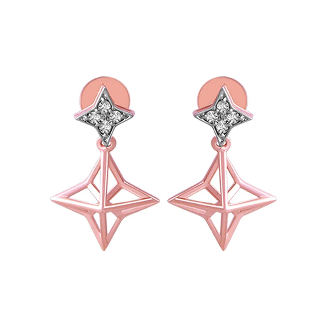 Women’s diamond stud earrings for wedding-14KT (585) Rose Gold & Diamond Celestial Star Shape Drop Earrings