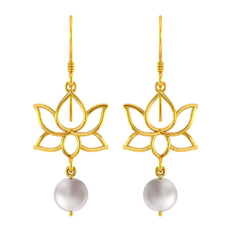 Women’s chic hoop earrings-14k Unique Earrings With Gold Lotus Design And A Hanging Pearl