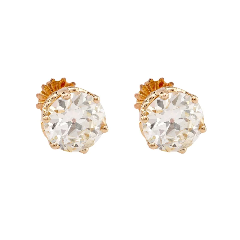 Women’s crystal earrings-Retro GIA 3.96 Carat Diamond Total Weight 18K Yellow Gold Studs