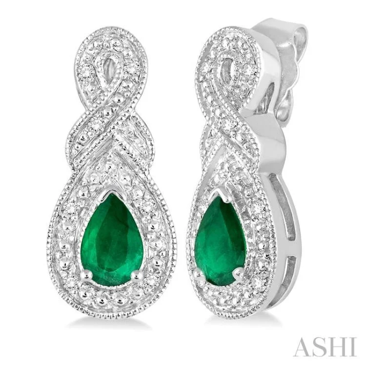 Women’s dangling gemstone earrings-5x3 MM Pear Shape Emerald and 1/20 Ctw Round Cut Diamond Earrings in Sterling Silver