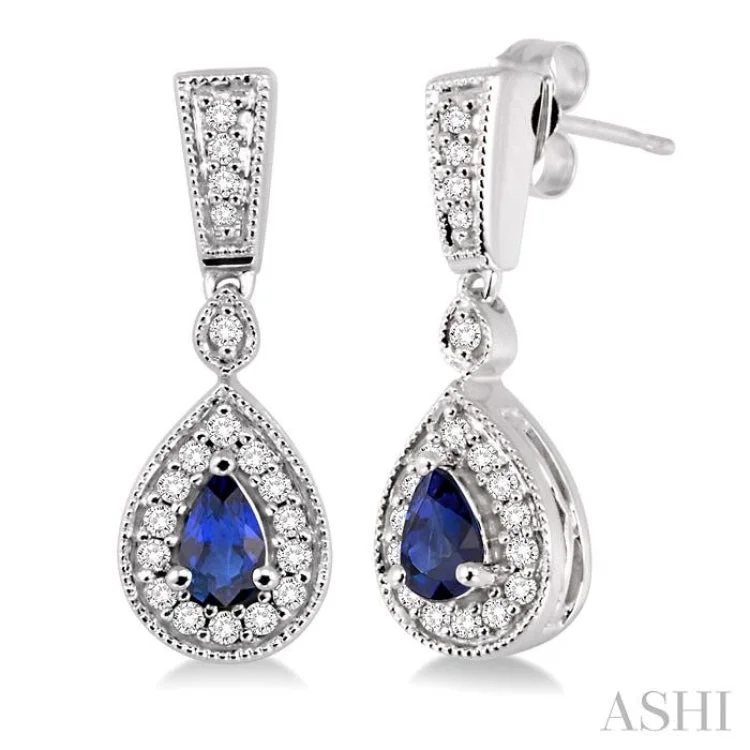 Women’s adjustable earrings-5x3mm Pear Shape Sapphire and 1/3 Ctw Round Cut Diamond Earrings in 14K White Gold