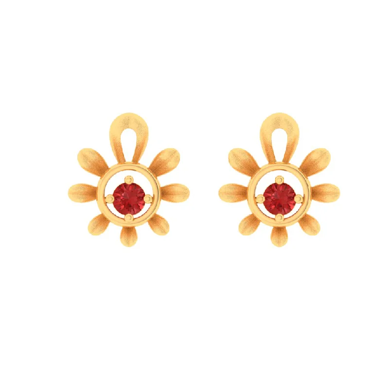 Women’s freshwater pearl earrings-14k Gold Earrings With Floral Pattern And A Red Stone