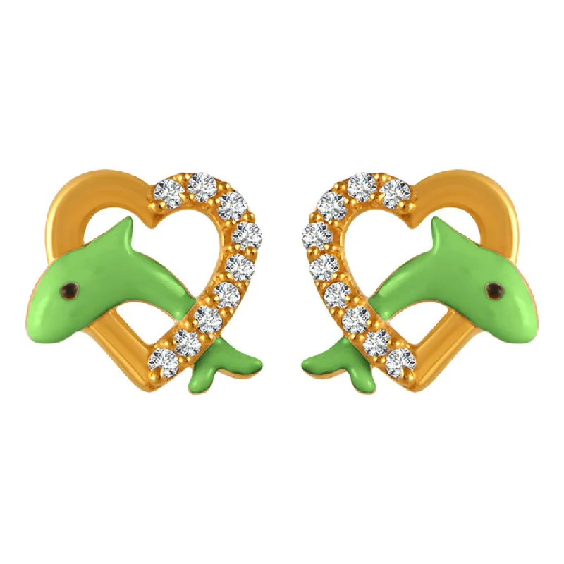 Women’s engraved earrings-22k Gold Earrings With Green Dolphin Motifs In Stone-studded Hearts