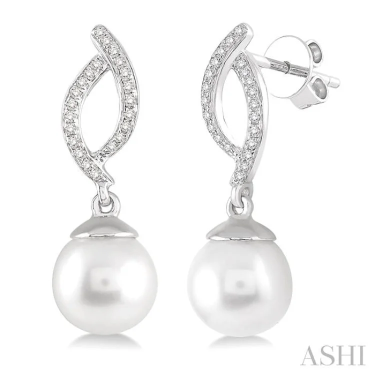 Women’s fashion earrings-7x7 MM Round Cut Cultured Pearls and 1/6 Ctw Round Cut Diamond Earrings in 10K White Gold