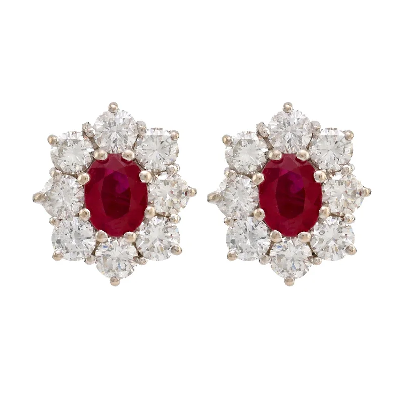 Women’s sterling silver earrings-Vintage GIA Burma Ruby Diamond 18K White and Yellow Gold Cluster Earrings