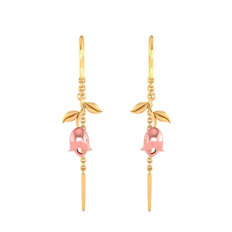 Women’s diamond teardrop earrings-14k Pink Yellow With Leaves Single Chain Gold Earrings