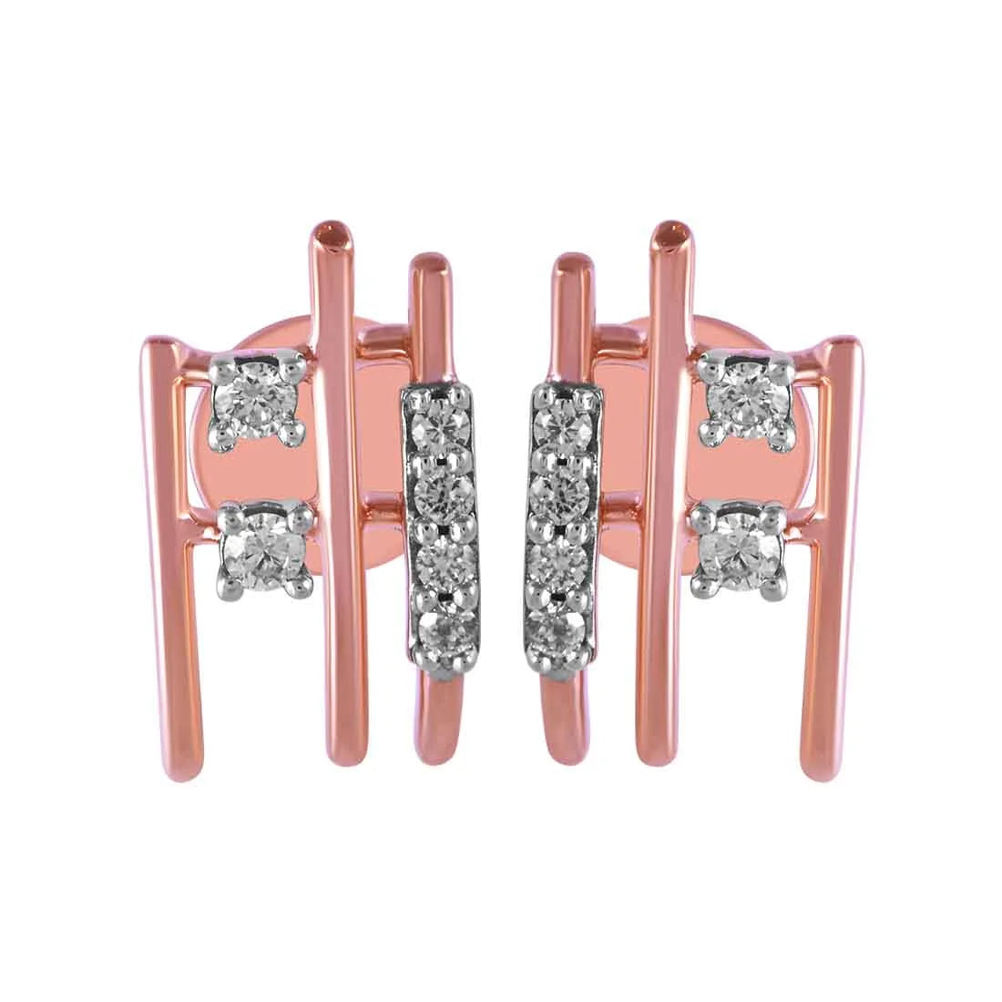 Women’s art deco earrings-14KT (585) Rose Gold & Diamond Stud Earrings with Line