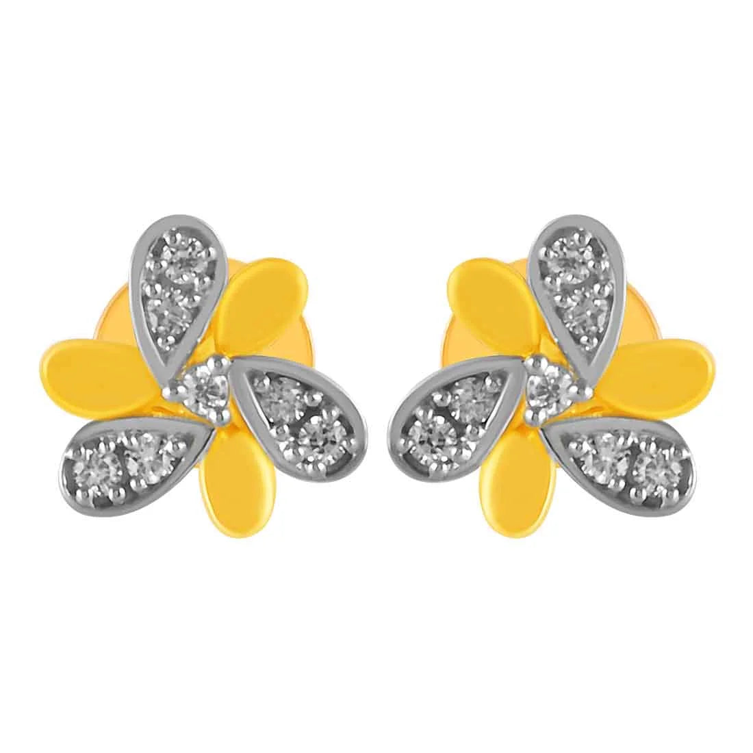 Women’s geometric earrings-14KT (585) Yellow Gold & Diamond Curved Petal Detailing Stud Earrings