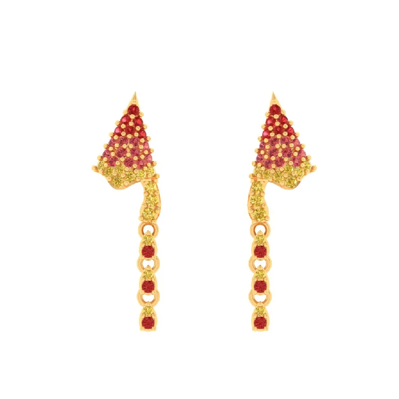 Women’s double hoop earrings-14k Unique Shaped Gold Earrings Gorgeous Red Stones