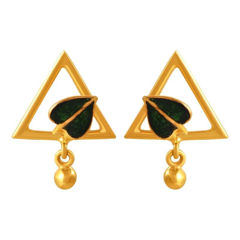 Women’s pearl drop earrings-22k Gold Earrings With A Leaf Inside A Triangular Shape And A Ball Drop