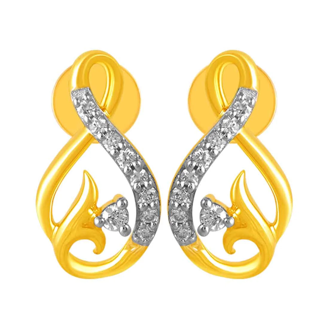 Women’s drop earrings-14KT (585) Yellow Gold & Diamond Gorgeous Curved Structures Stud Earrings