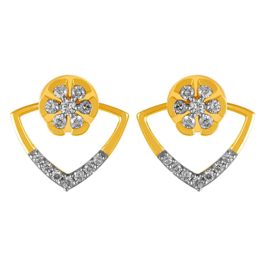 Women’s fashion earrings-14KT (585) Yellow Gold & Diamond Floral Design Stud Earrings