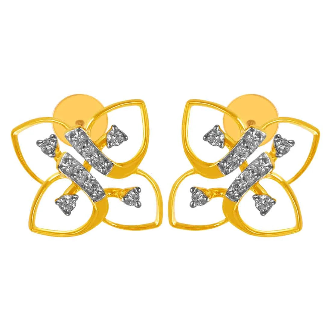 Women’s engraved earrings-14KT (585) Yellow Gold & Diamond Floral Stud Earrings