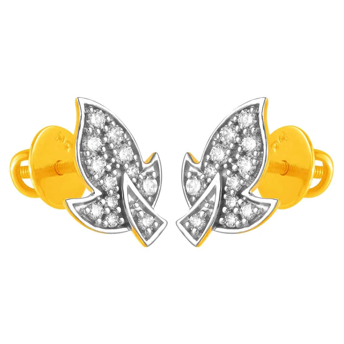 Women’s rose gold earrings-14KT (585) Yellow Gold & Diamond Leafy Stud Earrings