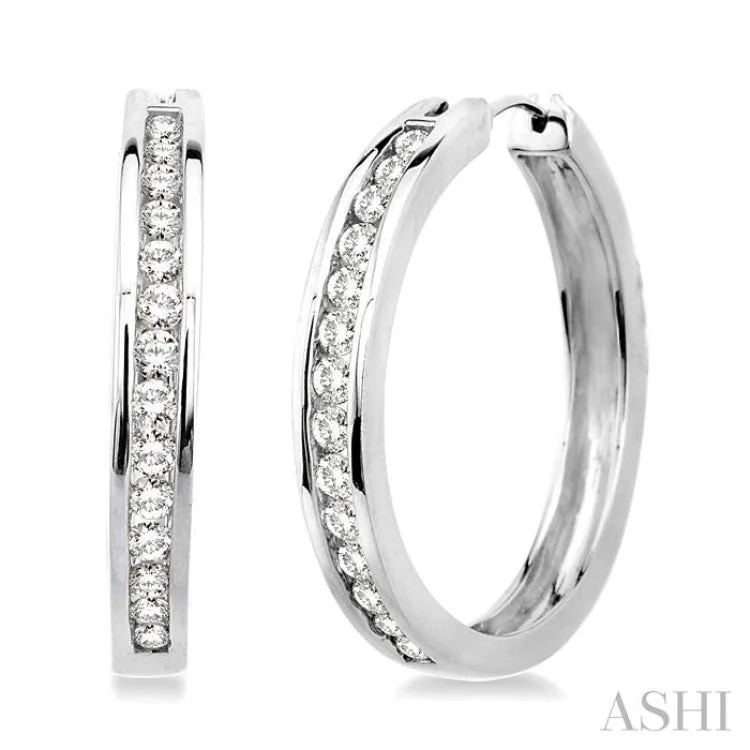 Women’s luxurious earrings-1 Ctw Channel Set Round Cut Diamond Hoop Earrings in 10K White Gold