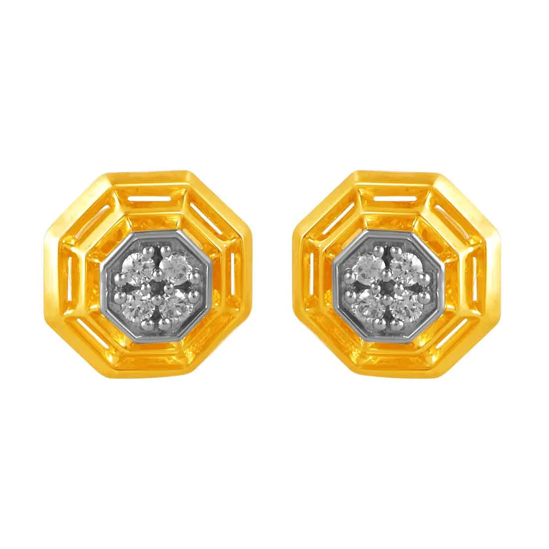 Women’s turquoise earrings-14KT (585) Yellow Gold & Diamond Octagon Shaped Stud Earrings