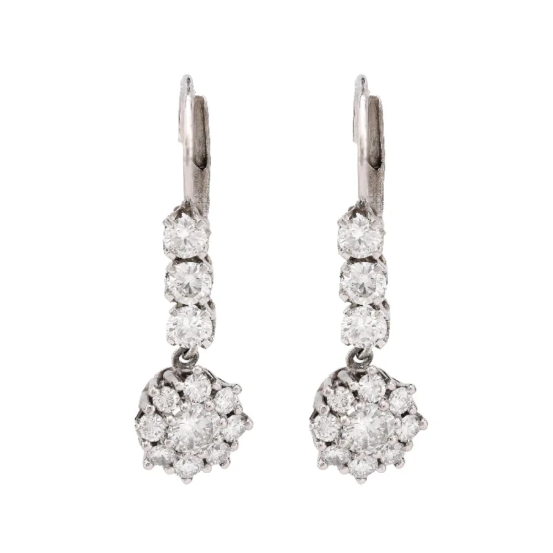 Women’s large hoop earrings-Mid Century 2 carat total weight diamond platinum flower drop earrings