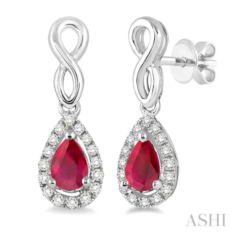 Women’s luxury gemstone earrings-5x3 MM Pear Shape Ruby and 1/6 Ctw Round Cut Diamond Earrings in 10K White Gold